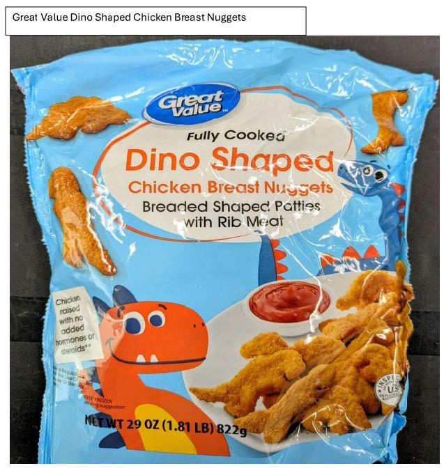 The back of a blue bag of Great Value Dino Shaped Chicken Breast Nuggets is shown. On the left side is a Nutrition Facts panel listing a serving size of 4 pieces (94g) and 220 calories per serving, along with percentages for fat, cholesterol, sodium, carbohydrates, and protein. To the right, an ingredients list includes chicken breast with rib meat, water, wheat flour, textured soy protein concentrate, and various seasonings and additives; it also notes the product contains wheat and soy. Below that are cooking instructions. Oven instructions say to preheat to 400°F, place frozen nuggets on a baking sheet, and heat for 12–14 minutes. Microwave instructions provide heating times based on the number of nuggets and advise letting them stand before serving. Additional text notes safe internal temperature (165°F) and that microwave ovens may vary.